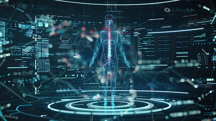 Science hologram medical screen DNA data analysis body research futuristic background DNA infographic scan health 3D technology digital medicine human graph human technology interface.