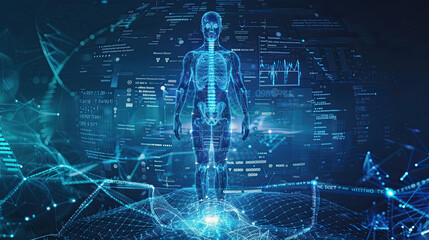 Science hologram medical screen DNA data analysis body research futuristic background DNA infographic scan health 3D technology digital medicine human graph human technology interface.