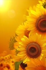 Obraz premium A close up of three sunflowers on a yellow background