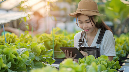 Smart farm sensor technology smart agriculture concept Smart young asian farmer girl using tablet to check quality and quantity of organic hydroponic vegetable garden at greenhouse in morning.