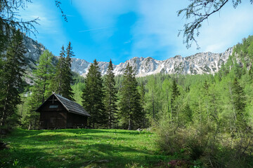 Fototapeta na wymiar Remote alpine wooden cottage with scenic view of mountain peaks Feistritzer Spitze (Hochpetzen) and Kriznik, Karawanks, Carinthia, Austria. Wanderlust Austrian Alps. Hiking trail on Petzen, Bleiburg