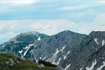 Panoramic view of mountain ridge Feistritzer Spitze (Hochpetzen), Carinthia, border Austria...