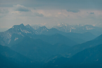 Panoramic view of majestic mountain peaks of Julian Alps seen from on top of Feistritzer Spitze...