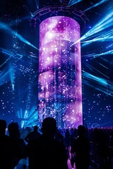A digital concert venue where virtual musicians perform in front of digital crowds, with immersive visuals, synchronized light shows, and interactive experiences, Generative AI