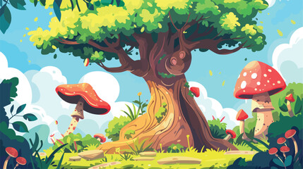 Giant Tree and Mushroom Landscape illustration flat