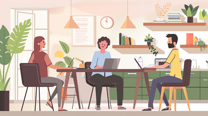 Fototapeta premium Various small business partners working in home garages and talking. Spanish female manager filling out online orders on a laptop.