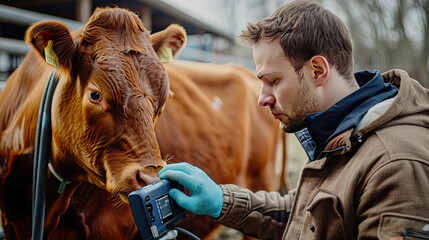 Veterinarian man with ultrasound device checking if cow is pregnant in cowshed on farm. Concept artificial insemination of cattle. - obrazy, fototapety, plakaty