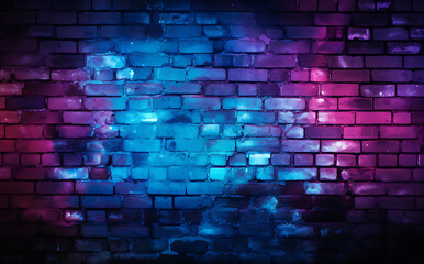 Vibrant blue and pink neon lights reflecting off a textured brick wall, creating a moody and atmospheric urban background. Generative AI