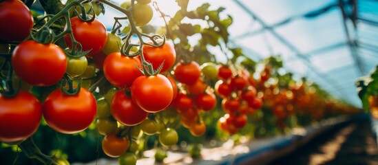 Ripe and plump tomatoes flourishing inside a greenhouse with the sun's rays filtering through the glass roof, providing ideal conditions for growth - obrazy, fototapety, plakaty