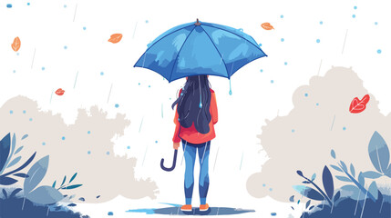 Girl holding blue umbrella illustration flat cartoo