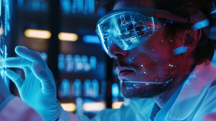 A scientist wearing augmented reality glasses interacting with a holographic display in the lab. 