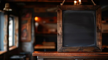 A blackboard suspended from a rustic wooden frame in a restaurant setting - 773675732