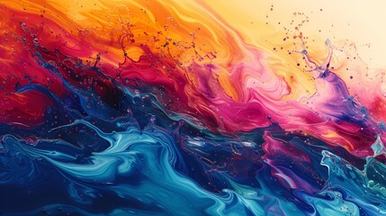 Waves of liquid color splashing across the canvas, forming a dynamic gradient that captures the eye with its vivid and energetic presence.