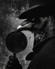 Crow detective with a magnifying glass, dim street light, sharp focus, noir style, intriguing shadow play , 