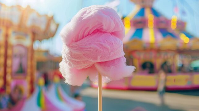 A fluffy pink cotton candy on a stick in front of a colorful carousel