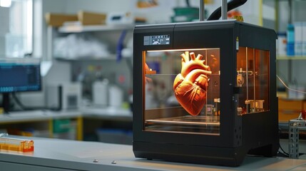 3D printer creating a detailed model of a human heart in a lab, showcasing advanced medical manufacturing technology. - obrazy, fototapety, plakaty