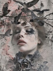 Surreal woman with crows and flowers - Artistic portrayal of a woman with crows, flowers, and abstract elements