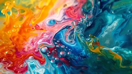 Vibrant and alive, a liquid abstract featuring vivid color splashes that seamlessly merge into a dynamic gradient wave, forming a visually stunning composition.