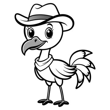 Vector baby flamingo as cowboy, coloring book page for kids, cute, black and white cartoon baby flamingo as cowboy, white background