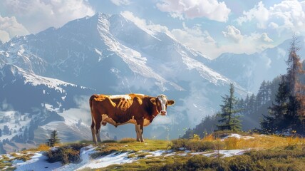 Cow standing in a mountainous landscape - Majestic cow standing on a green hill with snowy mountains in the background, depicting rural life - obrazy, fototapety, plakaty