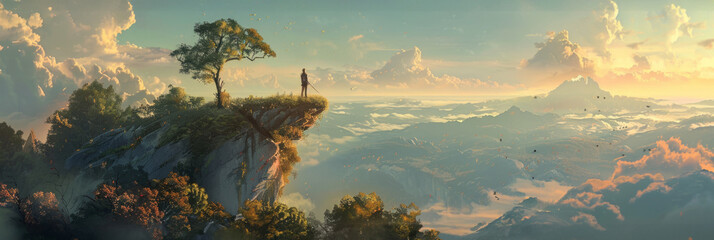 Fantasy landscape with a lone figure - Majestic digital art of a vast fantasy landscape with a solitary person standing on a cliff edge - obrazy, fototapety, plakaty