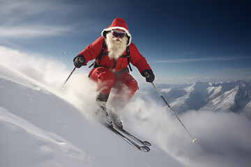 Santa skier in the mountains