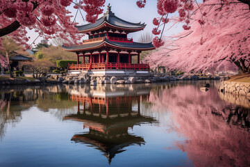 Japanese temple surrounded by cherry blossoms in the morning