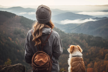 woman hiker with dog looking out at the  mountain top view