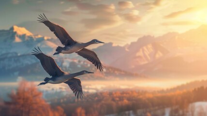 Geese flying over a breath-taking landscape - Two Canadian geese in flight against a stunning dawn or dusk, showcasing the beauty and freedom of the natural world - obrazy, fototapety, plakaty