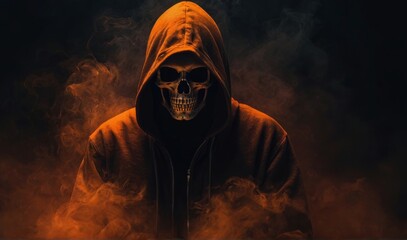 Mysterious hooded figure with a skull face surrounded by orange smoke on a dark background, concept of horror and fantasy