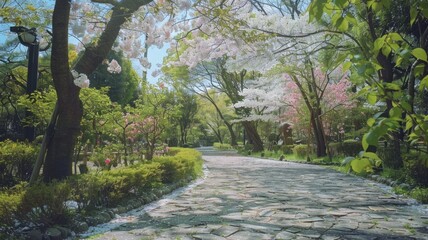 Blossoming trees in a peaceful park pathway - A tranquil pathway lined with blossoming trees in a peaceful park, evoking a sense of renewal and natural beauty