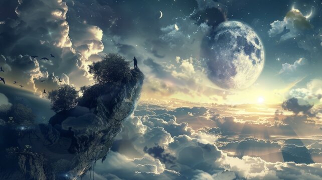 Majestic fantasy landscape with moons and cliff - A surreal fantasy scene featuring a towering cliff, dramatic skies, and a large moon against a sunset