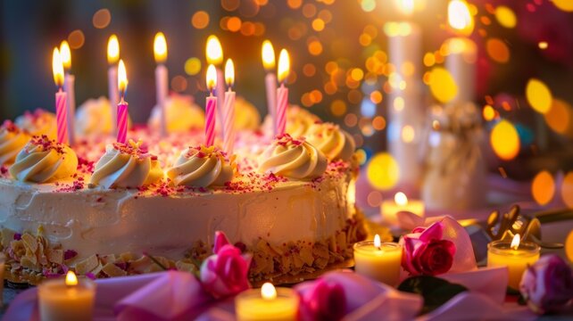 Colorful birthday cake with lit candles - A vibrant birthday cake with pink candles and a soft bokeh background sets a festive and joyful mood for celebration