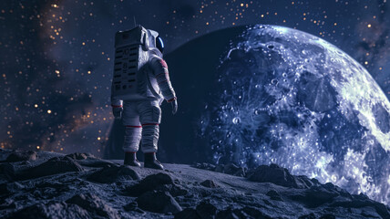 Astronaut overlooking a distant space terrain - An astronaut gazes upon an alien landscape beneath a star-filled sky, representing exploration and the unknown in the vast universe - obrazy, fototapety, plakaty