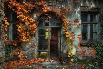 Abandoned building overtaken by foliage - An eerie old structure engulfed by orange leaves and creeping vines, showcasing nature's takeover of manmade environments - obrazy, fototapety, plakaty