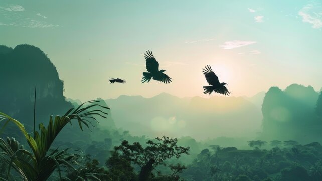Birds flying over misty jungle at sunrise - An enchanting landscape capturing birds in flight over a misty jungle with the sun illuminating the scene