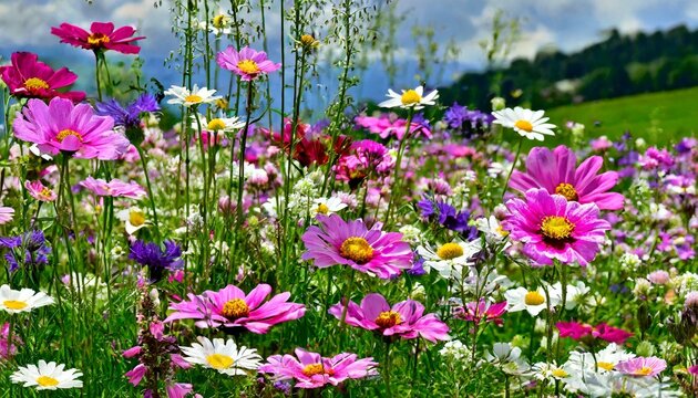 Close up meadow flowers and daisies bloom in abundance with hues of pink purple and white. field of flowers