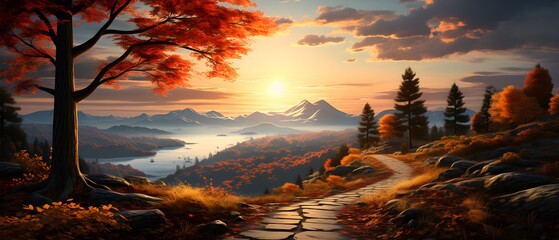 Picturesque natural autumn landscape with sun, road and beautiful trees with red and orange foliage - obrazy, fototapety, plakaty