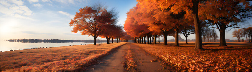 Picturesque natural autumn park with beautiful trees with red and orange foliage