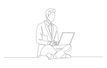 Fototapeta na wymiar Continuous one line drawing of businessman sitting cross-legged on the floor working with laptop, business concept, single line art.