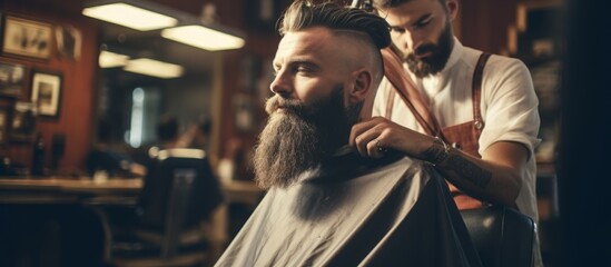 A man sitting in a barber chair getting a haircut from a professional barber in a barbershop setting - obrazy, fototapety, plakaty