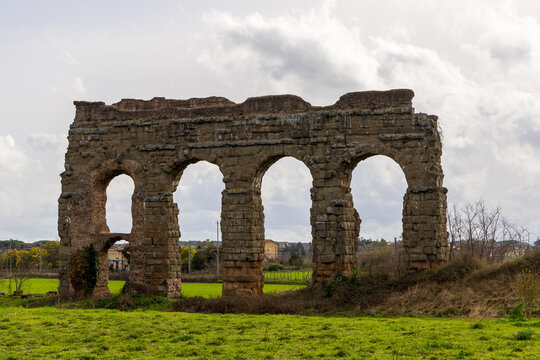 Park of the Aqueducts (Parco degli Acquedotti), an archeological public park in Rome, Italy, part of the Appian Way Regional Park, with monumental ruins of Roman aqueducts.