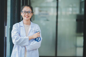 Portrait doctor with a stethoscope stands confidently ready to provide health care to patients in hospitals or clinics.