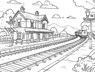 Obraz premium Old train station with a small building. Children's style coloring book. Black and white. 
