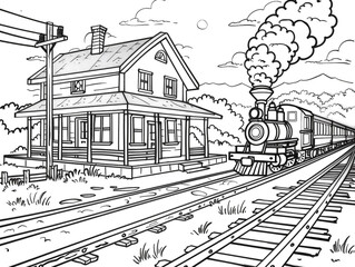 Old train station with a small building. Children's style coloring book. Black and white. 