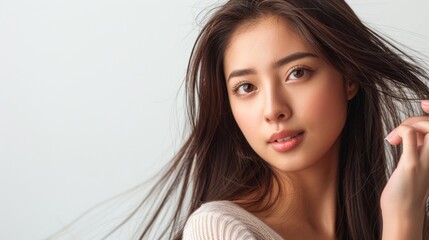 A young Asian woman gazes softly at the camera, her windswept hair adding a dynamic yet serene touch to the portrait.