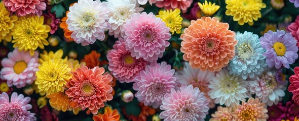Fototapeta na wymiar Colorful Chrysanthemum Flowers and Daisies Floral Background