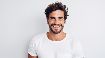 Handsome Man with a Charming Smile Captured Against the Solid White Wall Background.