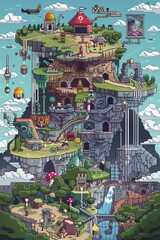 A pixelated wonderland filled with retro gaming references, nostalgic characters, and iconic landmarks from classic video games, evoking a sense of gaming nostalgia, Generative AI