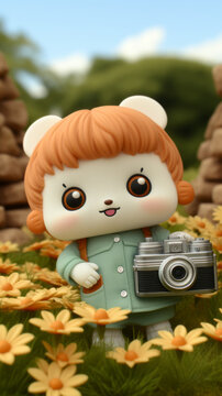 Toy Photographer in Flower Field


